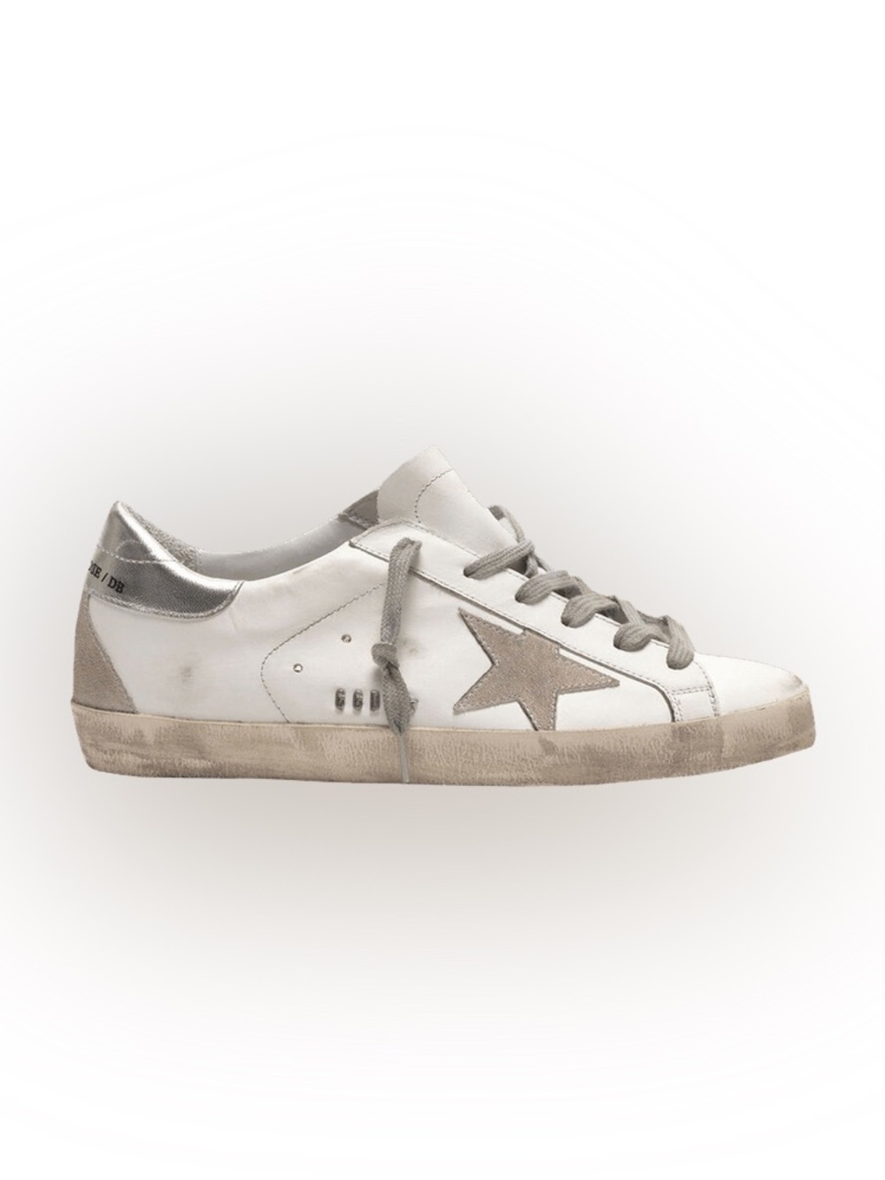 Golden Goose White Leather Low-Top Sneakers with Silver Heel and Tan Star
